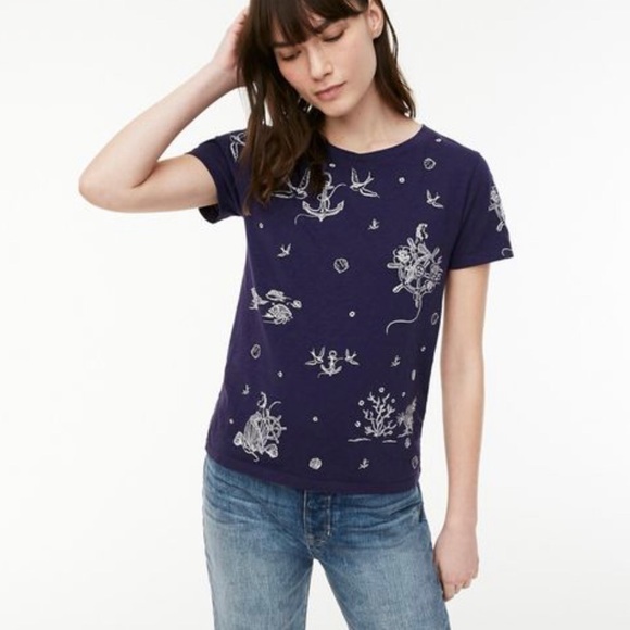 J.Crew Embroidered Nautical Navy Tee - Picture 1 of 7